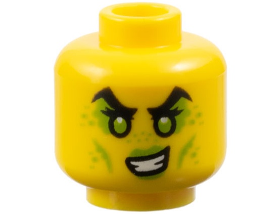 Minifigure, Head Female Black Eyebrows, Lime Eyes, Eye Shadow, Spots, Cheek Lines and Lips, Crooked Open Mouth Smile Pattern: {ярко жълт}