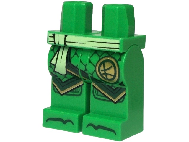 Hips and Legs with Yellowish Green Sash, Ninjago Logogram Letter L in Circle, Dark Green Robe Ends with Gold Trim, Knee Pads and Toes Pattern: {ярко зелен}