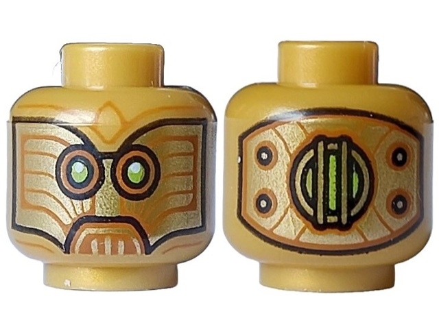 Minifigure, Head Alien Dark Orange Monocles, Lime Eyes, White Glints, Black Outline and Gold Panel with Rivets on Back Pattern: {топло златист}