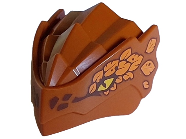 Dragon Head (Ninjago) with Stepped Top and Pin Hole on Back with Yellow Eyes, Dark Brown Scales and Orange Leaves Pattern: {тъмно оранжев}
