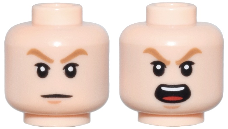 Minifigure, Head Dual Sided Medium Nougat Eyebrows, Upper Eyelids, Nougat Chin Dimple, Neutral / Open Mouth Scowl with Top Teeth and Red Tongue Pattern: {светло нуга}
