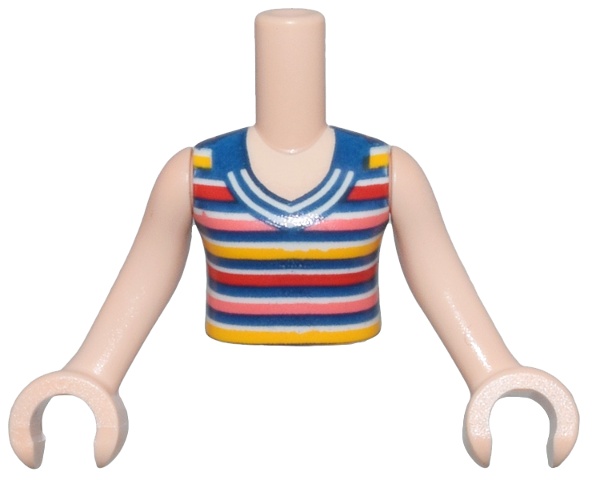 Torso Mini Doll Girl Dark Blue Sleeveless Top with White, Red, Coral, and Bright Light Orange Stripes Pattern, Light Nougat Arms with Hands: {светло нуга}