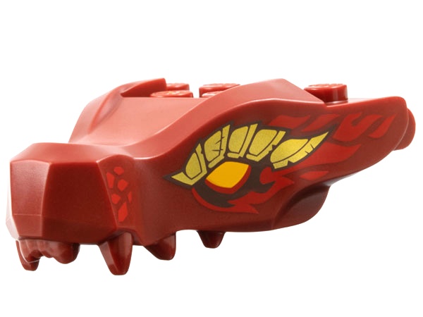 Dragon Head (Ninjago) Jaw with 2 Bar Handles on Back with Bright Light Orange Eyes, Gold Scales, and Black and Red Flames Pattern: {нов тъмно червен}