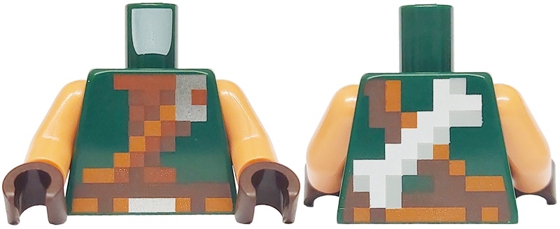 Torso Pixelated Dark Brown, Reddish Brown and Dark Orange Strap and Belt with Silver Buckle, White and Light Bluish Gray Bone on Back Pattern / Nougat Arms / Dark Brown Hands: {земно зелен}
