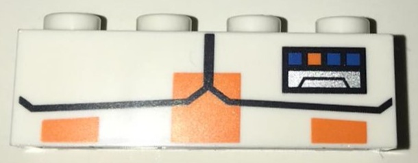 Brick 1 x 4 with Black Angled Lines and Display with Blue and Orange Squares and Silver Rectangle Pattern (BrickHeadz Commander Cody Torso): {бял}