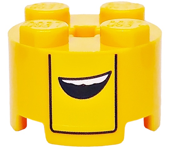 Brick, Round 2 x 2 with Axle Hole with Yellow Stripe, Black Bent Line and Open Mouth with White Teeth Pattern: {огнено жълто-оранжев}