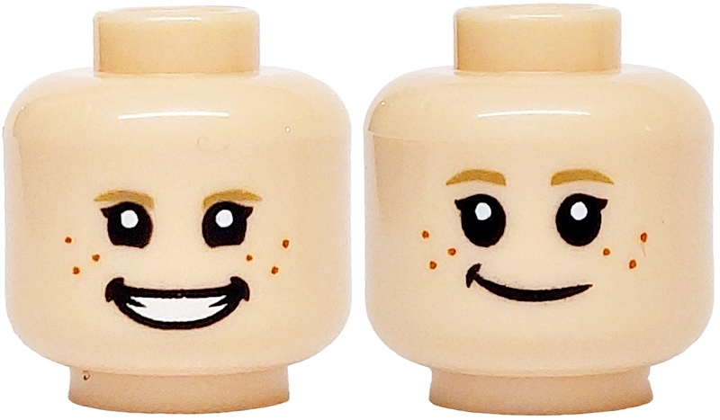 Minifigure, Head Dual Sided Dark Tan Eyebrows, Black Eyes, Dark Orange Freckles, Open Mouth Grin with White Teeth / Smile Pattern: {светло нуга}