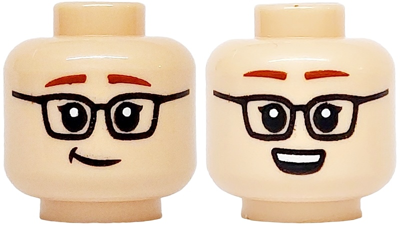 Minifigure, Head Dual Sided Black Glasses, Reddish Brown Eyebrows, Lopsided Smile / Open Mouth Grin with White Teeth Pattern: {светло нуга}