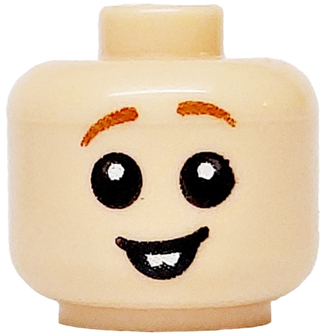 Minifigure, Baby / Toddler Head with Neck with Black Eyes, Open Mouth Smile with White Teeth and Dark Orange Eyebrows Pattern: {светло нуга}