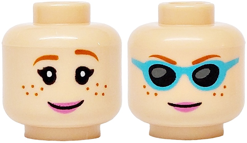 Minifigure, Head Dual Sided Female, Dark Orange Eyebrows and Freckles, Bright Pink Lips, Smile / Medium Azure Sunglasses with Black Lenses Pattern: {светло нуга}
