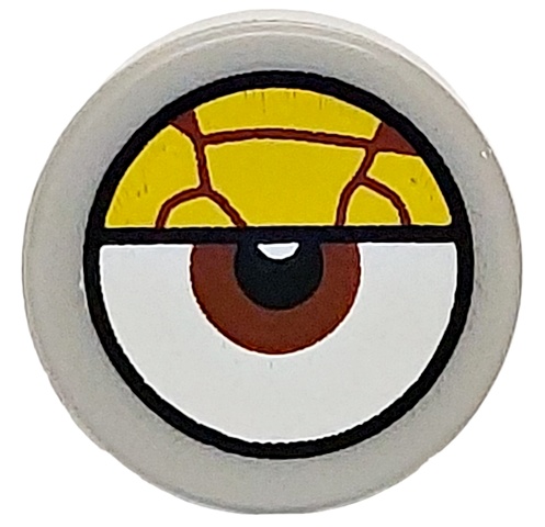Tile, Round 1 x 1 with White Eye with Centered Reddish Brown Iris and Partially Closed Yellow Bloodshot Eyelid Pattern: {умерено каменно сив}