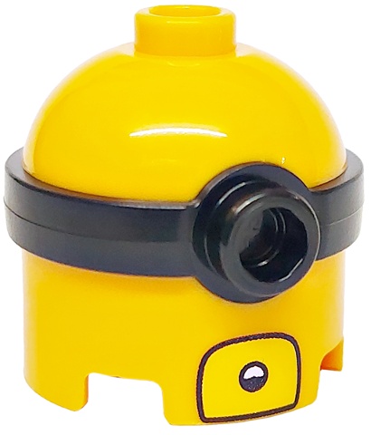 Minifigure, Head, Modified Minion, Tall with Molded Black Single Lens Goggles and Printed Open Yellow Mouth with White Teeth Pattern: {огнено жълто-оранжев}