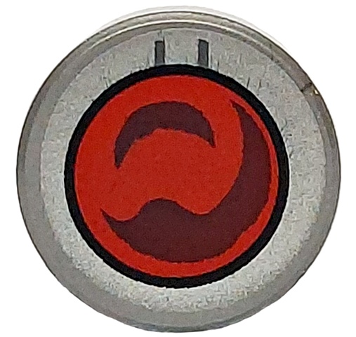 Tile, Round 1 x 1 with Dark Red and Red Goggle Lens with Black Circle and Silver Border Pattern: {сребърно метален}