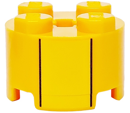 Brick, Round 2 x 2 with Axle Hole with Yellow Stripe and Black Lines Pattern: {огнено жълто-оранжев}