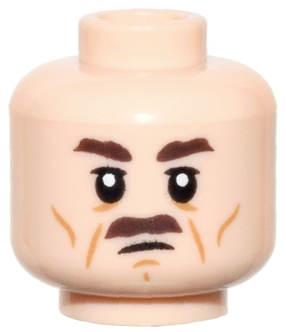 Minifigure, Head Dark Brown Eyebrows and Moustache, Upper Eyelids, Medium Nougat Cheek Lines, Wrinkles, and Chin Dimple, Scowl Pattern: {светло нуга}