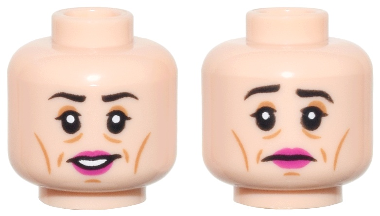 Minifigure, Head Dual Sided Female Black Eyebrows, Upper Eyelids, Medium Nougat Eye Shadow, Cheek Lines, Wrinkles, and Chin Dimple, Magenta Lips, Open Mouth Smile with Teeth / Sad Frown Pattern: {светло нуга}
