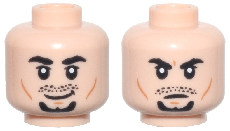 Minifigure, Head Dual Sided Black Thick Eyebrows, Upper Eyelids, Moustache Stubble, and Goatee, Medium Nougat Cheek Lines and Chin Dimple, Lopsided Grin / Scowl Pattern: {светло нуга}