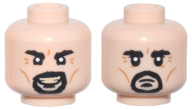 Minifigure, Head Dual Sided Black Bushy Eyebrows, Moustache, Soul Patch, and Goatee, Medium Nougat Cheek Lines and Wrinkles, Evil Open Mouth Smile with Tan Teeth / Frown Pattern: {светло нуга}
