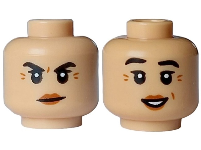 Minifigure, Head Dual Sided Female Black Eyebrows Raised, Dark Orange Wrinkles and Lips, Mouth Closed Angry / Open Smile with White Teeth Pattern: {умерен тан}