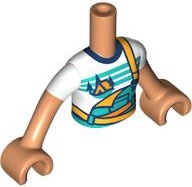 Torso Mini Doll Girl Dark Turquoise and Bright Light Orange Overalls over White T-Shirt with Orange Tent and Dark Blue Trees Pattern, Nougat Arms with Hands with White Short Sleeves: {нуга}