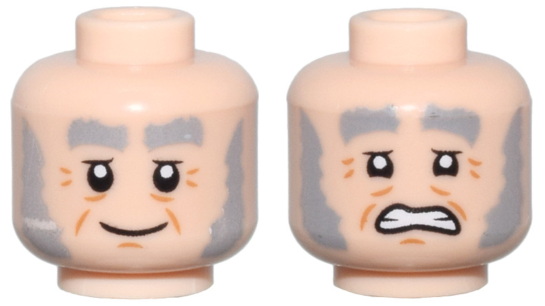 Minifigure, Head Dual Sided, Light Bluish Gray Bushy Eyebrows and Sideburns, Dark Orange Wrinkles, Closed Mouth Smile / Grimmace Pattern - Vented Stud: {светло нуга}