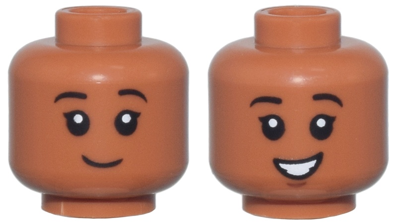 Minifigure, Head Dual Sided Child, Thin Black Eyebrows, Closed Mouth Smile / Open Mouth Smile Pattern: {сиена кафяво}
