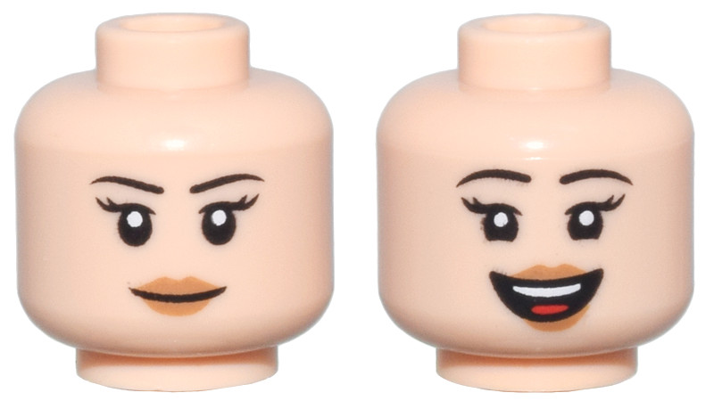 Minifigure, Head Dual Sided Female, Thin Black Eyebrows, Long Eyelashes, Medium Nougat Lips, Closed Mouth Smile / Open Mouth Smile Pattern - Vented Stud: {светло нуга}