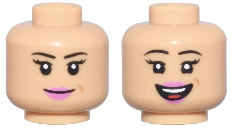 Minifigure, Head Dual Sided Female, Thin Black Eyebrows, Long Eyelashes, Dimple, Dark Pink Lips, Closed Mouth Smile / Open Mouth Smile Pattern - Vented Stud: {умерен тан}