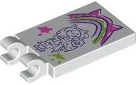 Tile, Modified 2 x 3 with 2 Open O Clips with Dark Purple Drawing of Gabby and Kittens, Dark Pink, Lavender and Lime Rainbow with Cat Ears Painting and Paint Splotches Pattern: {бял}