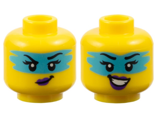 Minifigure, Head Dual Sided Female Black Eyebrows, Eyelashes, Medium Azure Face Paint, Dark Purple Lips, Lopsided Grin / Open Mouth Smile with Teeth Pattern: {ярко жълт}