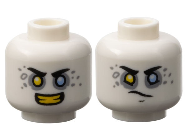 Minifigure, Head Dual Sided Black Eyebrows, Yellow Right Eye, Bright Light Blue Left Eye, Light Bluish Gray Eye Shadow and Spots, Open Mouth Smile with Teeth / Determined Pattern: {бял}