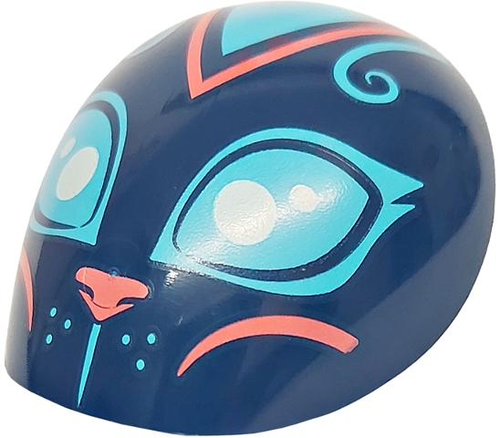 Large Figure Armor, Round, Smooth with Medium Azure Eyes, Curls, Whisker Dots, and Forehead Triangle, Coral Nose and Cheek Lines Pattern (Cat Head): {земно син}