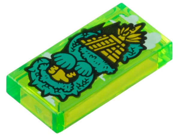 Tile 1 x 2 with Bright Light Orange Aztec Pyramid in Jungle, White Clouds and Dark Turquoise Trees Pattern: {прозрачно ярко зелен}