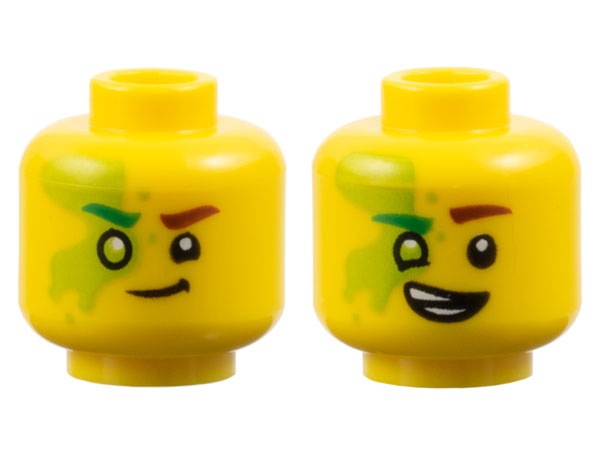 Minifigure, Head Dual Sided Reddish Brown Eyebrow Left, Bright Green Eyebrow Right, Lime Eye and Slime, Smirk / Lopsided Open Mouth Smile with Teeth Parted Pattern: {ярко жълт}