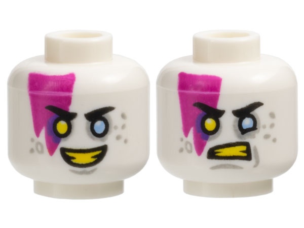 Minifigure, Head Dual Sided Black Eyebrows, Magenta Marking, Light Bluish Gray Spots, Bright Light Blue Eye Left, Yellow Eye Right and Teeth, Smile / Scowl Pattern: {бял}