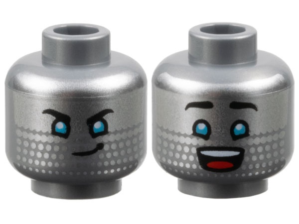 Minifigure, Head Dual Sided Silver Face, Black Eyebrows, Medium Azure Eyes, Lopsided Grin / Open Mouth Smile with Top Teeth and Red Tongue Pattern: {сребърно метален}