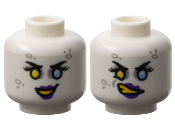 Minifigure, Head Dual Sided Female Black Eyebrows, Eyelashes, Yellow Right Eye, Bright Light Blue Left Eye, Light Bluish Gray Eye Shadow and Spots, Dark Purple Lips, Open Mouth Smile with Teeth / Lopsided Scowl Pattern: {бял}