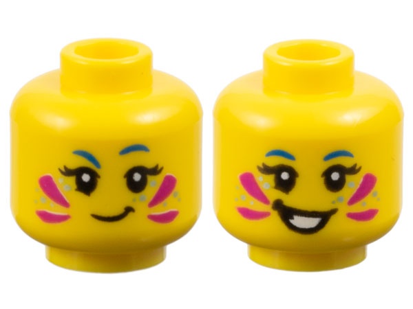 Minifigure, Head Dual Sided Female Blue Eyebrows, Black Eyelashes, Magenta Face Paint, Metallic Light Blue Dots, Lopsided Grin / Open Mouth Smile with Teeth Pattern: {ярко жълт}