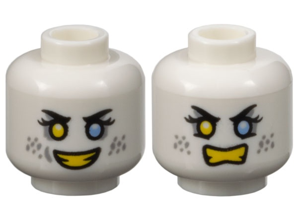 Minifigure, Head Dual Sided Female Black Eyebrows, Eyelashes, Yellow Right Eye, Bright Light Blue Left Eye, Light Bluish Gray Eye Shadow and Spots, Open Mouth Smile with Teeth / Angry Bared Teeth Pattern: {бял}