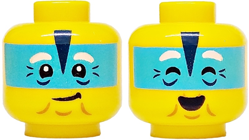 Minifigure, Head Dual Sided White Eyebrows, Medium Azure Band, Black Triangle, Crow's Feet, Chin Dimple, Wrinkles, Lopsided Grin / Closed Eyes, Open Mouth Smile Pattern: {ярко жълт}