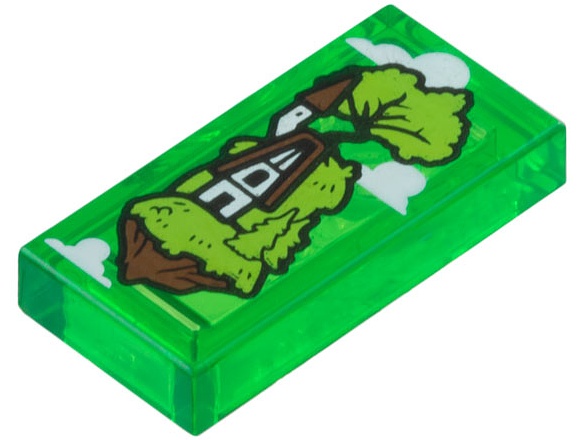Tile 1 x 2 with Clouds and Floating Island with Lime Grass and Trees, White and Reddish Brown Cottage Pattern: {прозрачно зелен}