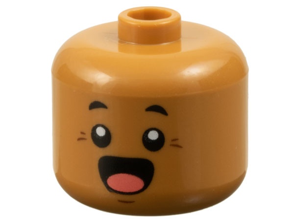 Minifigure, Head, Modified Giant Black Eyebrows, Reddish Brown Chin Dimple and Crow's Feet, Surprised Open Mouth with Coral Tongue Pattern - Vented Stud: {умерен нуга}