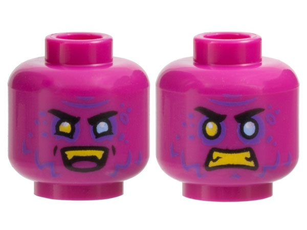 Minifigure, Head Dual Sided Black Eyebrows, Dark Purple Brow Furrow, Spots, Fur, Bright Light Blue Eye Left, Yellow Eye Right and Teeth, Open Smile / Scowl Pattern: {ярко червеникаво-виолетов}