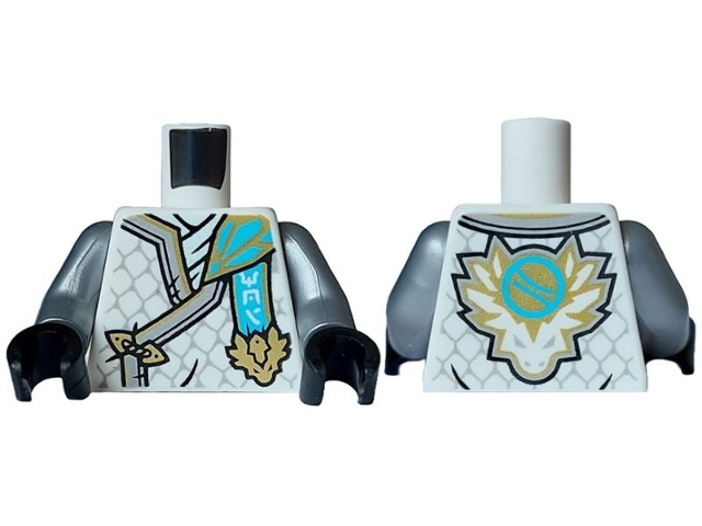 Torso Tunic with Light Bluish Gray Hems, Gold Trim, Light Aqua Shirt, Ninjago Logogram 'MOI', Medium Azure Letter Z in Dragon Head on Back Pattern / Flat Silver Arms / Black Hands: {бял}