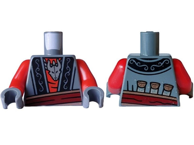Torso Vest Open with Black Trim with Filigree over Red Shirt, Silver Chain Necklace with Dragon Head, Dark Red and Copper Belt and 3 Potion Bottles, Diamonds and Dots on Back Pattern / Red Arms / Dark Bluish Gray Hands: {тъмно каменно сив}