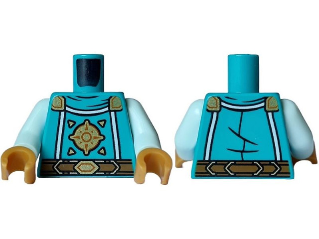 Torso Robe with White Trim, Black Folds, Medium Brown Belt, Gold and Dark Orange Buckle, Shoulder Pads and Ornament Pattern / Light Aqua Arms / Pearl Gold Hands: {ярко синьо-зелен}