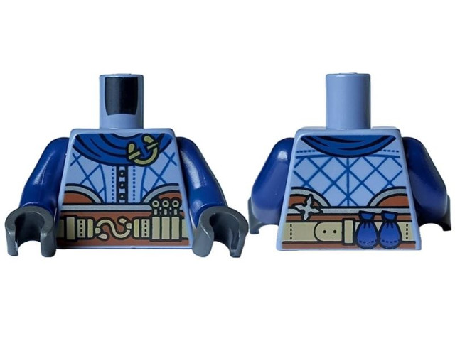 Torso Vest with Reddish Brown Bottom, Dark Blue Cape Collar with Gold Brooch and Black Folds, Silver Trim and Dark Tan Belt with 2 Pouches on Back Pattern / Dark Blue Arms / Pearl Dark Gray Hands: {пясъчно син}