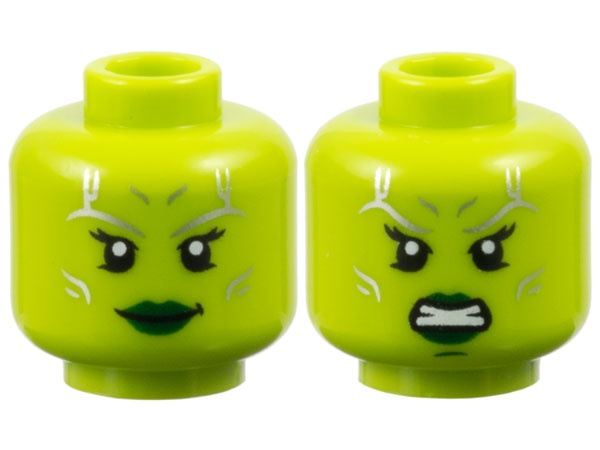 Minifigure, Head Dual Sided Alien Female with Silver Tattoos, Black Eyelashes, Dark Green Lips, Grin / Angry Bared Teeth and Chin Dimple Pattern: {ярко жълто-зелен}