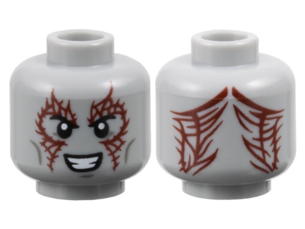 Minifigure, Head Alien Black Eyebrows, Dark Red Tattoos, Dark Bluish Gray Cheek Lines and Chin Dimple, Open Mouth Smile with Teeth Pattern: {умерено каменно сив}