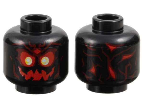 Minifigure, Head Alien Skull with Red Eyes and Jagged Mouth, White and Yellow Pupils, Dark Red Contours Pattern: {черен}